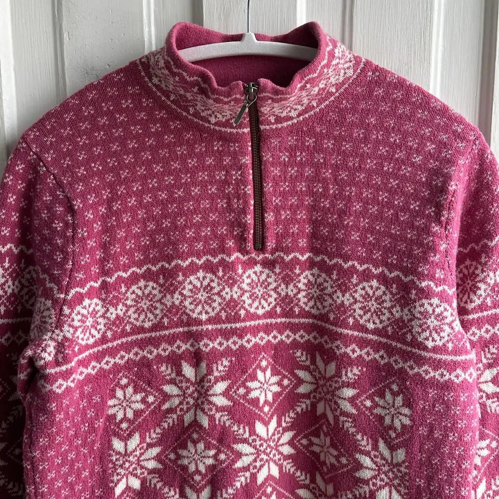 L.L.Bean Fair Isle Quarter Zip Sweater XL Pink Nordic Lambswool Blend Pullover